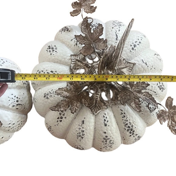 Simply Mik & Mack Designer White Pumpkins with Silver Leaf Accents- Set of 2 - Picture 6 of 9